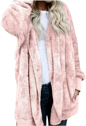 Sherpa Jacket Women Fuzzy Open Front Fleece Lined Jackets Soft Warm Hooded Cardigan Fleece Sweater Winter Coat