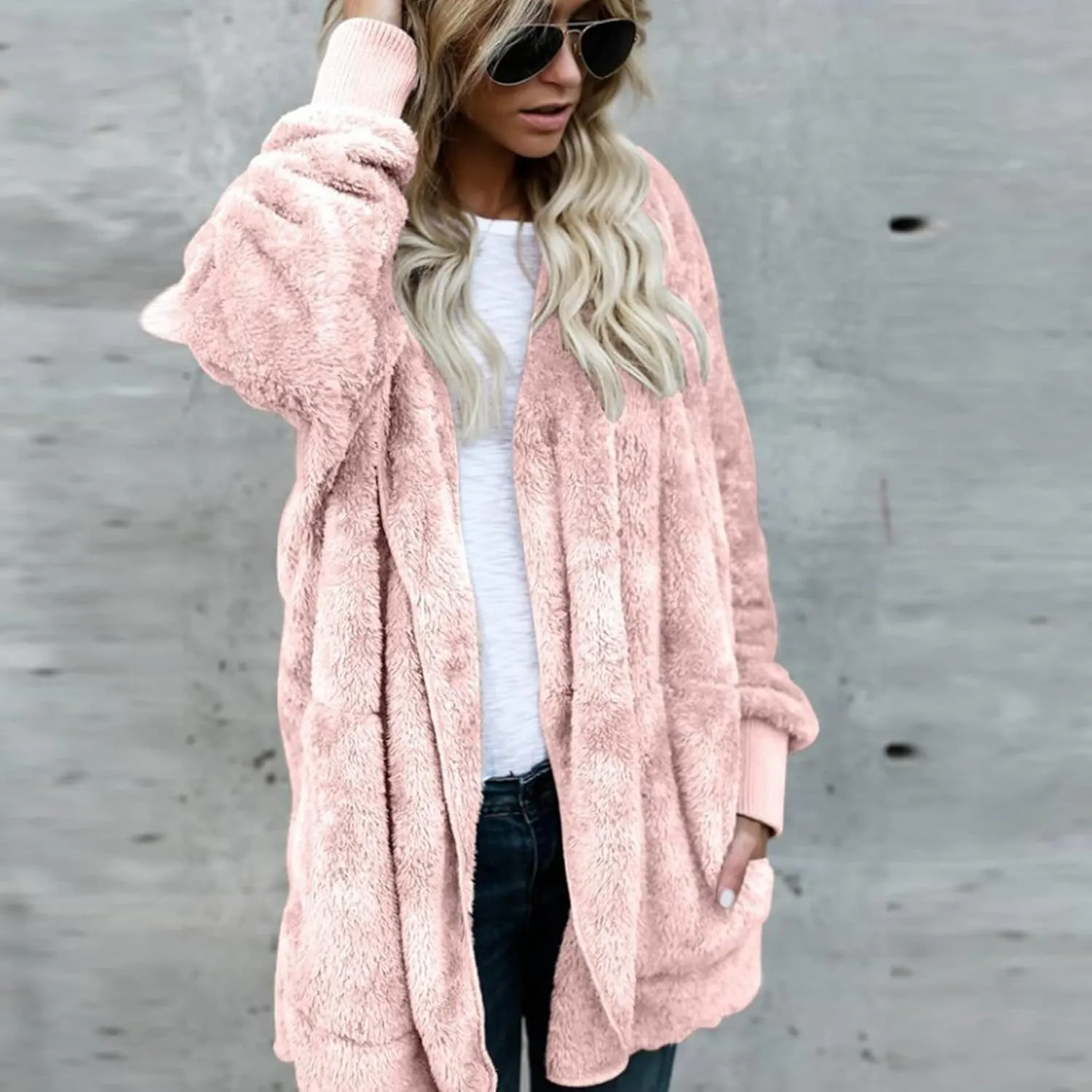 Sherpa Jacket Women Fuzzy Open Front Fleece Lined Jackets Soft Warm Hooded Cardigan Fleece Sweater Winter Coat