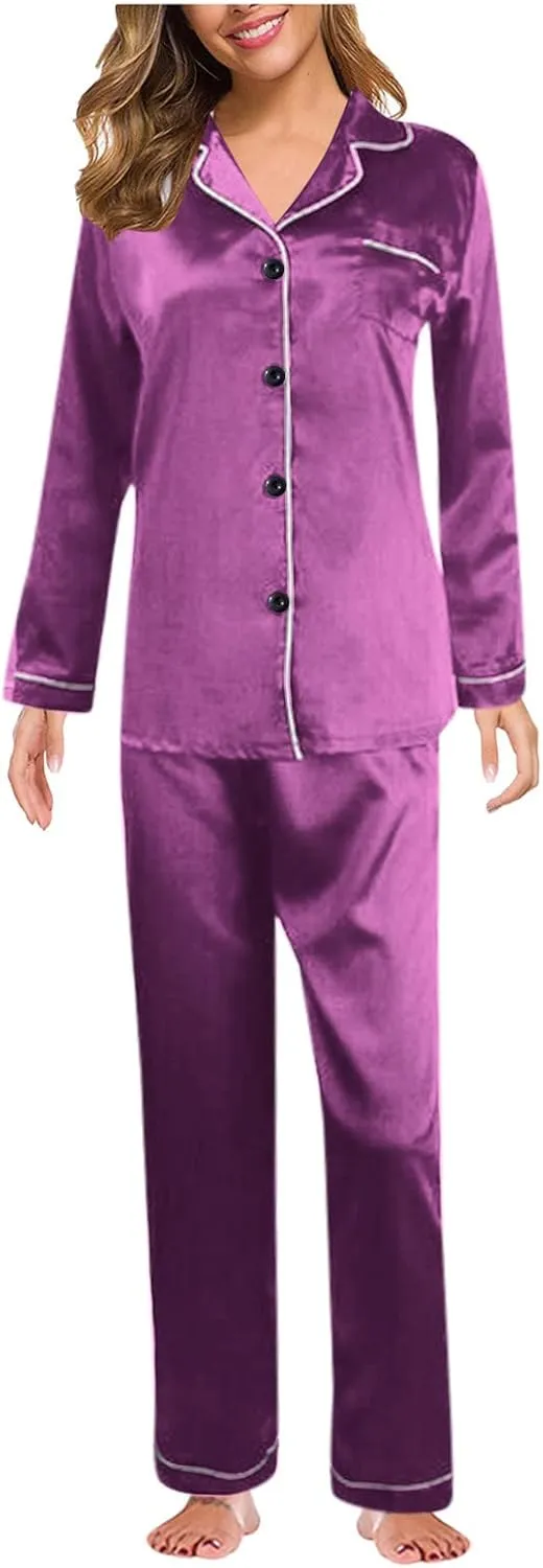 Silk Pajamas for Women Set 2025 Plus Size Long Sleeve Sleepwear Button Down Tops Lounge Pants 2 Piece Pjs Loungewear