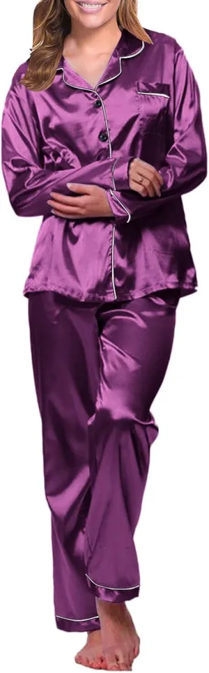 Silk Pajamas for Women Set 2025 Plus Size Long Sleeve Sleepwear Button Down Tops Lounge Pants 2 Piece Pjs Loungewear