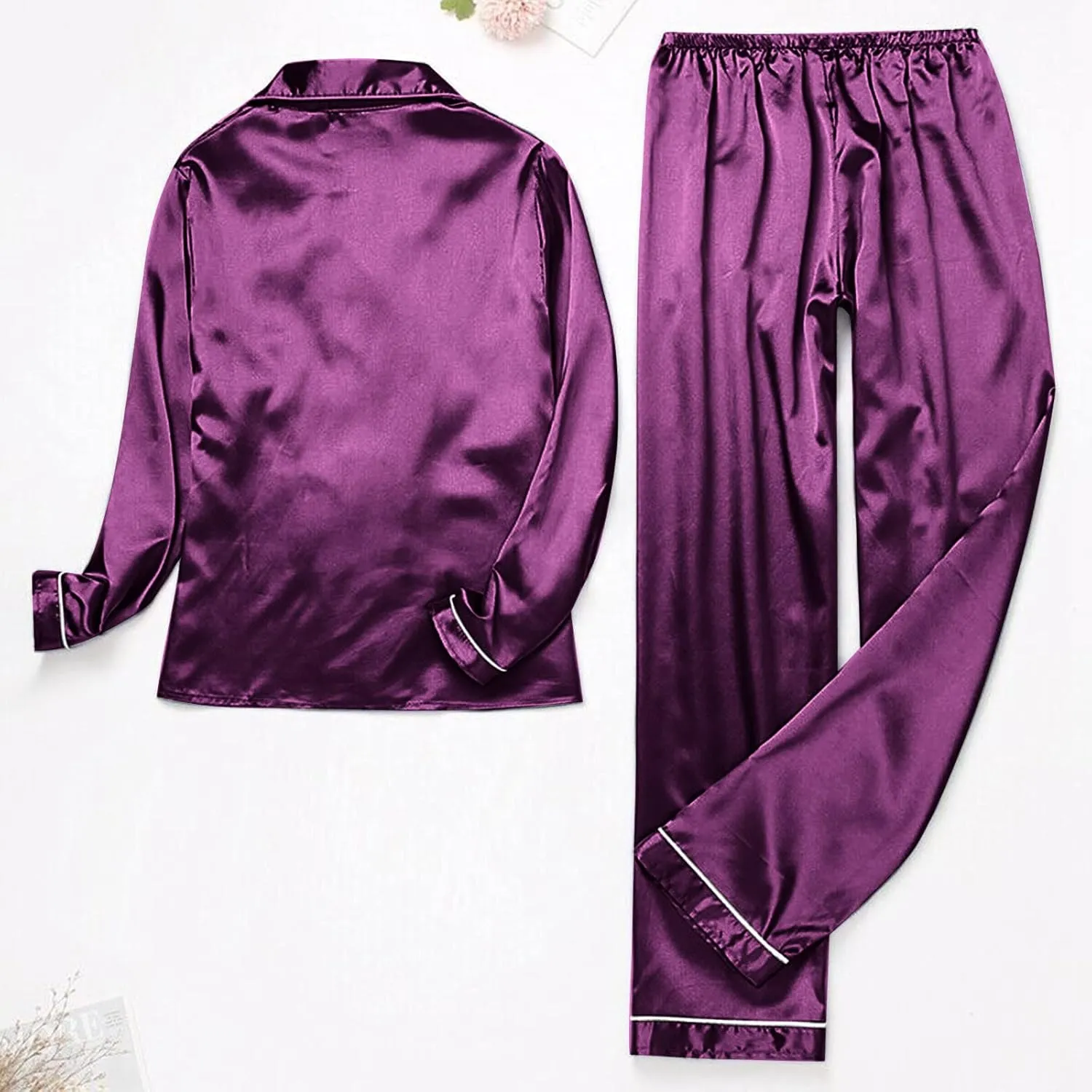 Silk Pajamas for Women Set 2025 Plus Size Long Sleeve Sleepwear Button Down Tops Lounge Pants 2 Piece Pjs Loungewear