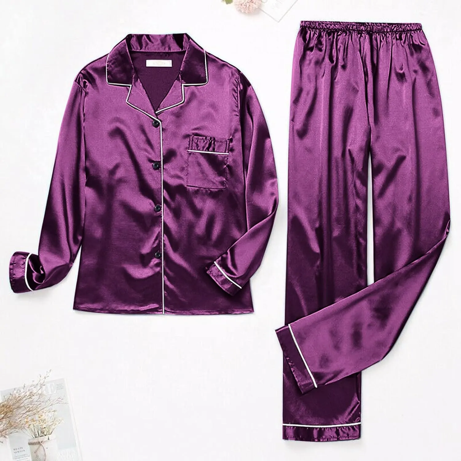 Silk Pajamas for Women Set 2025 Plus Size Long Sleeve Sleepwear Button Down Tops Lounge Pants 2 Piece Pjs Loungewear