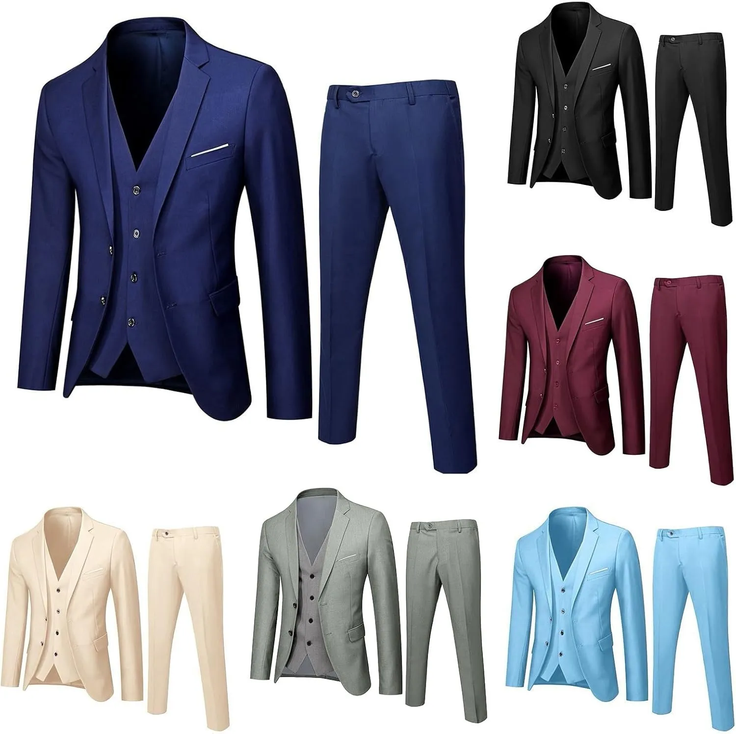 SINHE Men’s 2-Piece/3-Piece Suit Blazer Dress, Slim Fit Suit One Button Business Wedding Party Jacket Vest & Pant