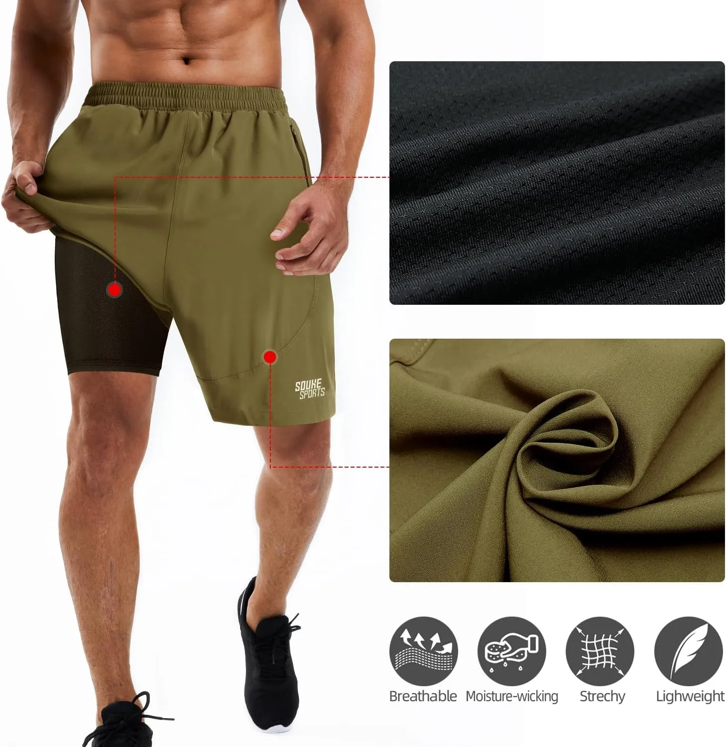 Souke Sports Men's 2 in 1 Workout Running Shorts 7" Quick Dry Gym Athletic Shorts Liner Zipper Pockets