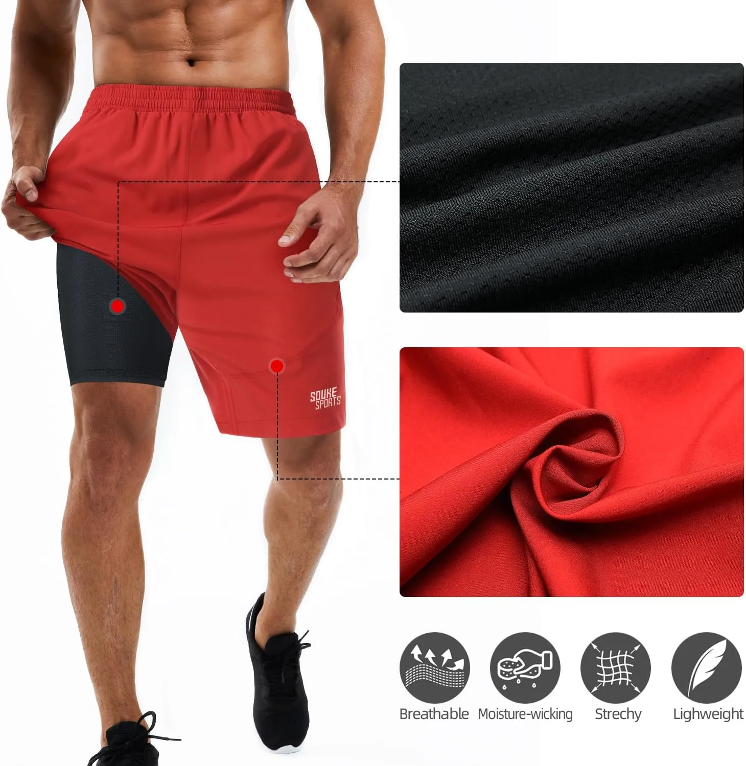 Souke Sports Men's 2 in 1 Workout Running Shorts 7" Quick Dry Gym Athletic Shorts Liner Zipper Pockets