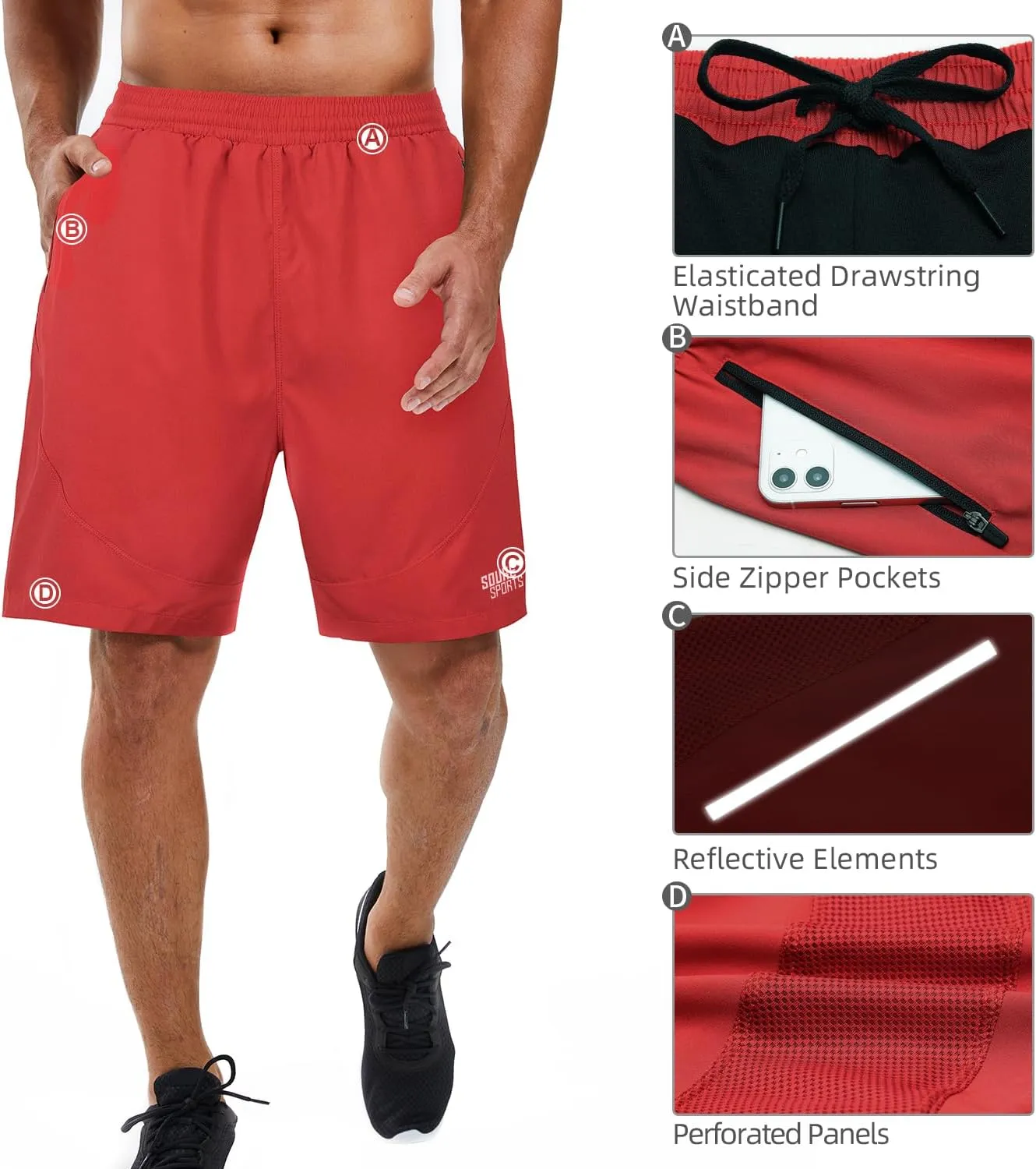 Souke Sports Men's 2 in 1 Workout Running Shorts 7" Quick Dry Gym Athletic Shorts Liner Zipper Pockets