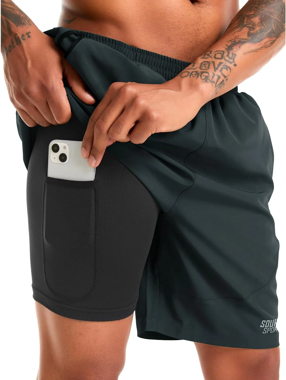 Souke Sports Men's 2 in 1 Workout Running Shorts 7" Quick Dry Gym Athletic Shorts Liner Zipper Pockets