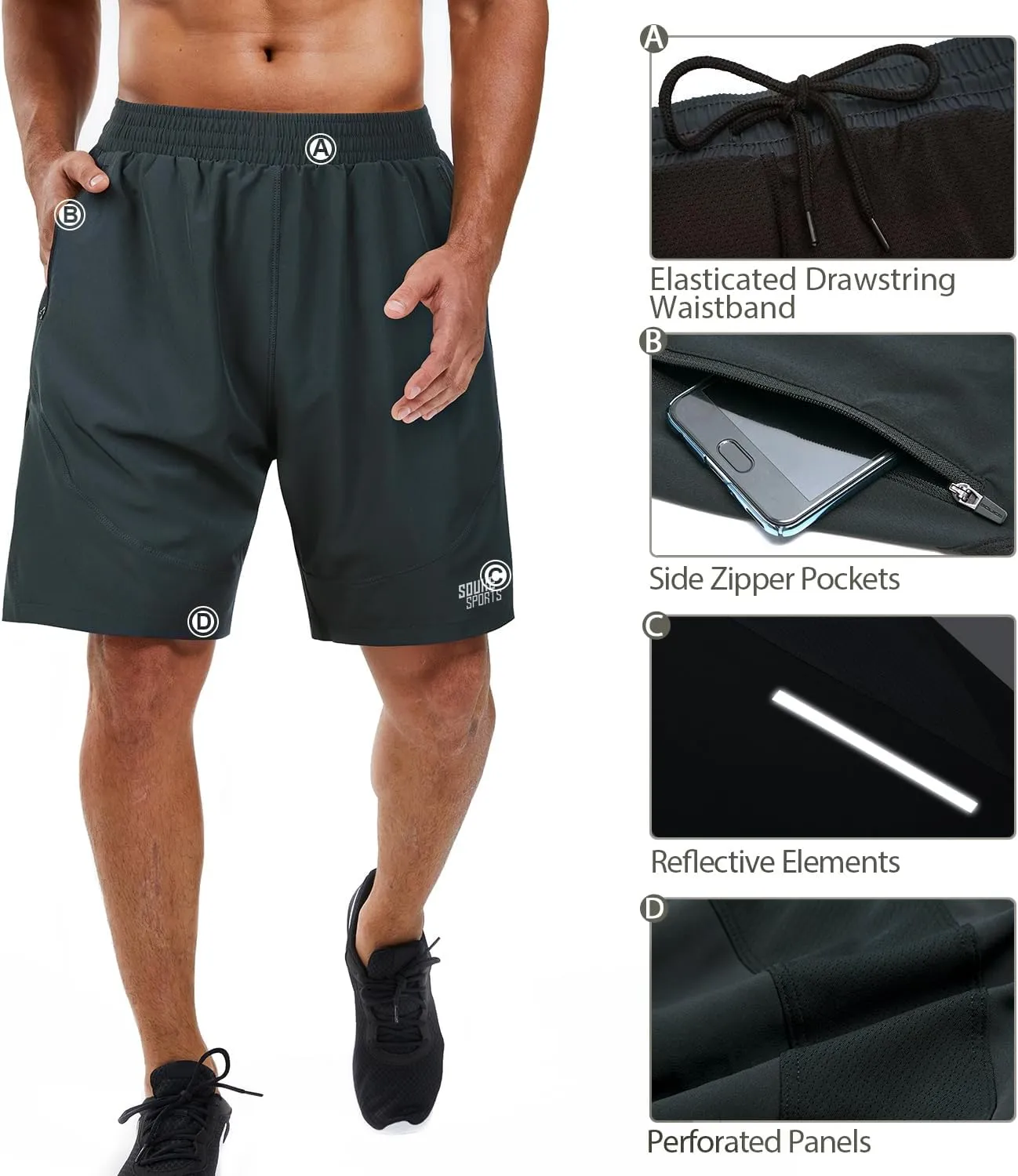 Souke Sports Men's 2 in 1 Workout Running Shorts 7" Quick Dry Gym Athletic Shorts Liner Zipper Pockets