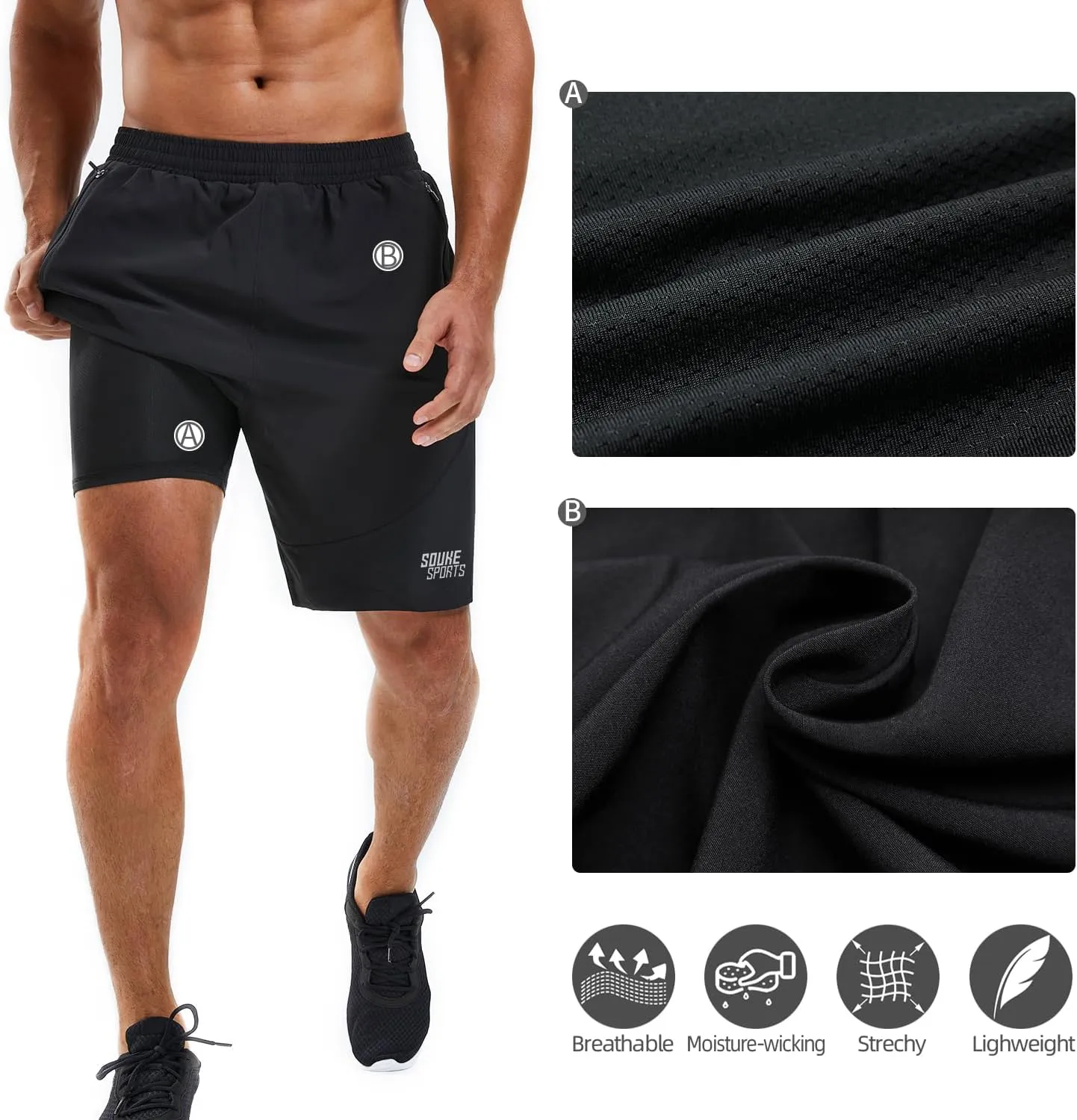 Souke Sports Men's 2 in 1 Workout Running Shorts 7" Quick Dry Gym Athletic Shorts Liner Zipper Pockets