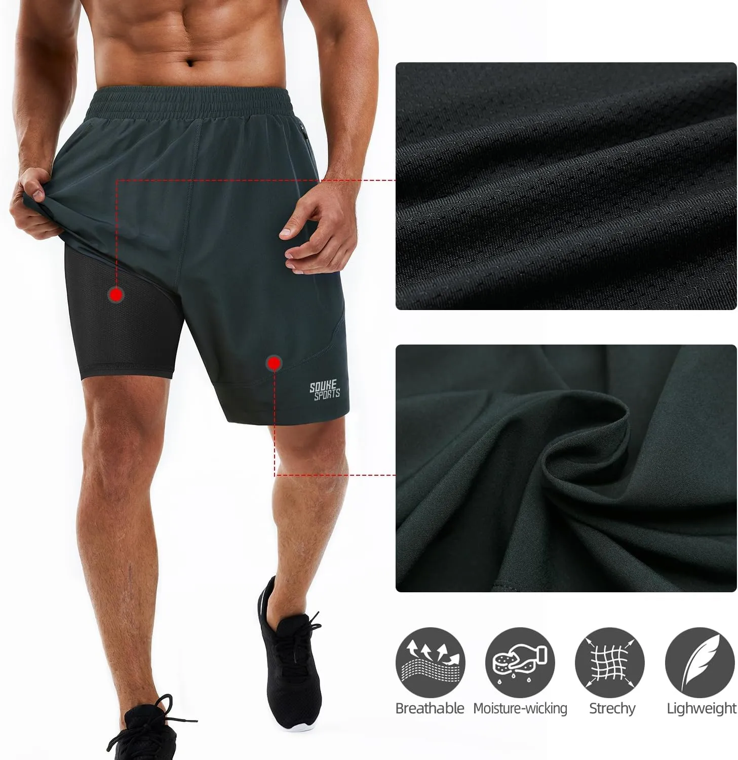Souke Sports Men's 2 in 1 Workout Running Shorts 7" Quick Dry Gym Athletic Shorts Liner Zipper Pockets