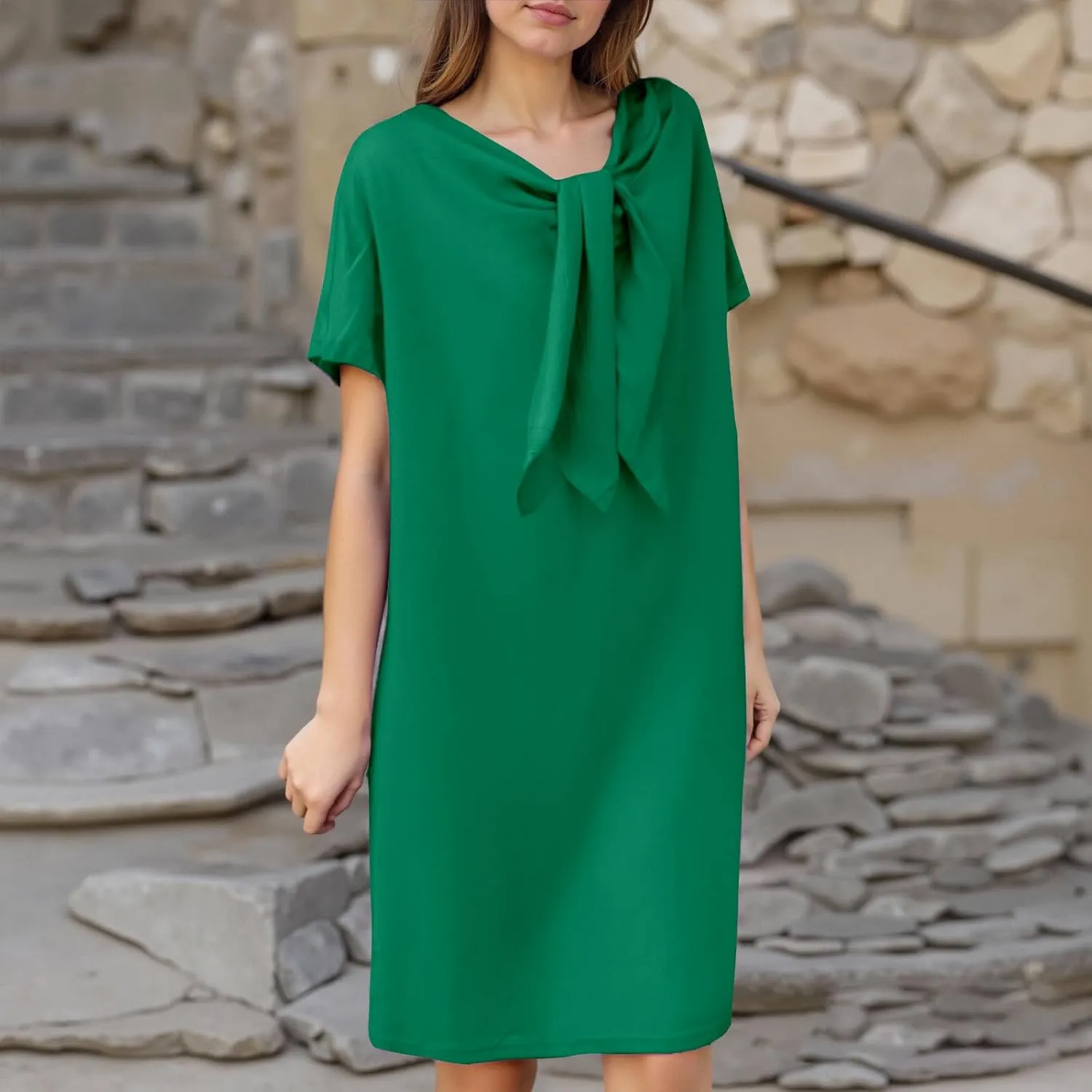 Summer Bohemian Style Blouse Long Skirt for Women Casual V Neck A Line Casual Dresses for Women Below Knee Length