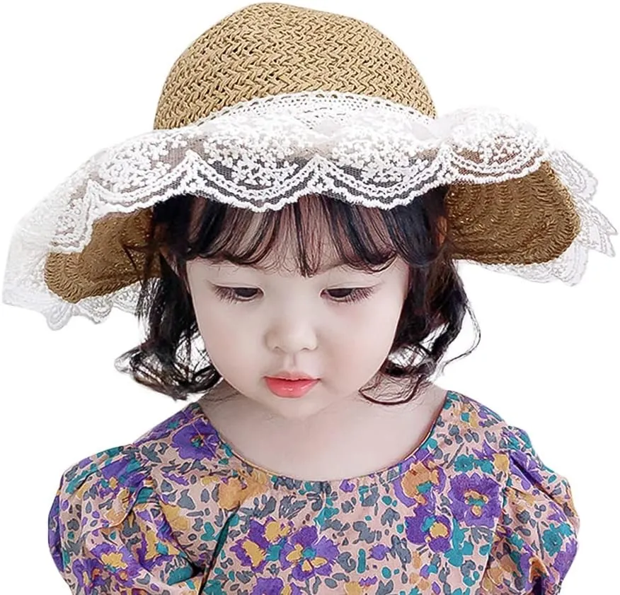 Summer Lace Straw Hats for Girls Wide Brim Floppy Beach Sun Visor Hat with lace Bowknot