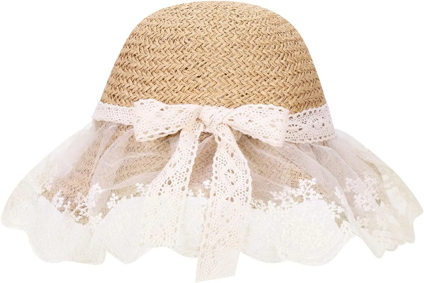 Summer Lace Straw Hats for Girls Wide Brim Floppy Beach Sun Visor Hat with lace Bowknot