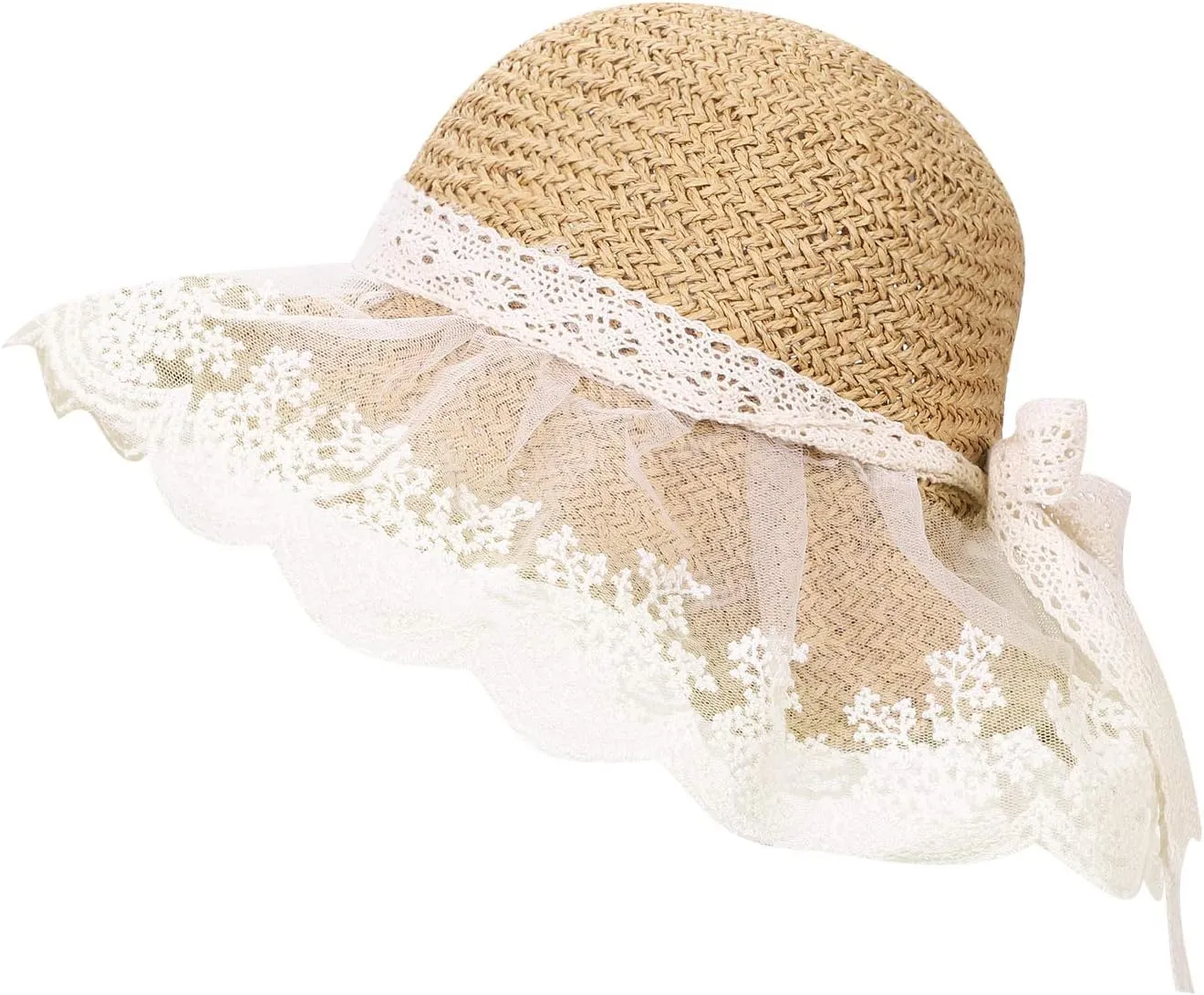 Summer Lace Straw Hats for Girls Wide Brim Floppy Beach Sun Visor Hat with lace Bowknot