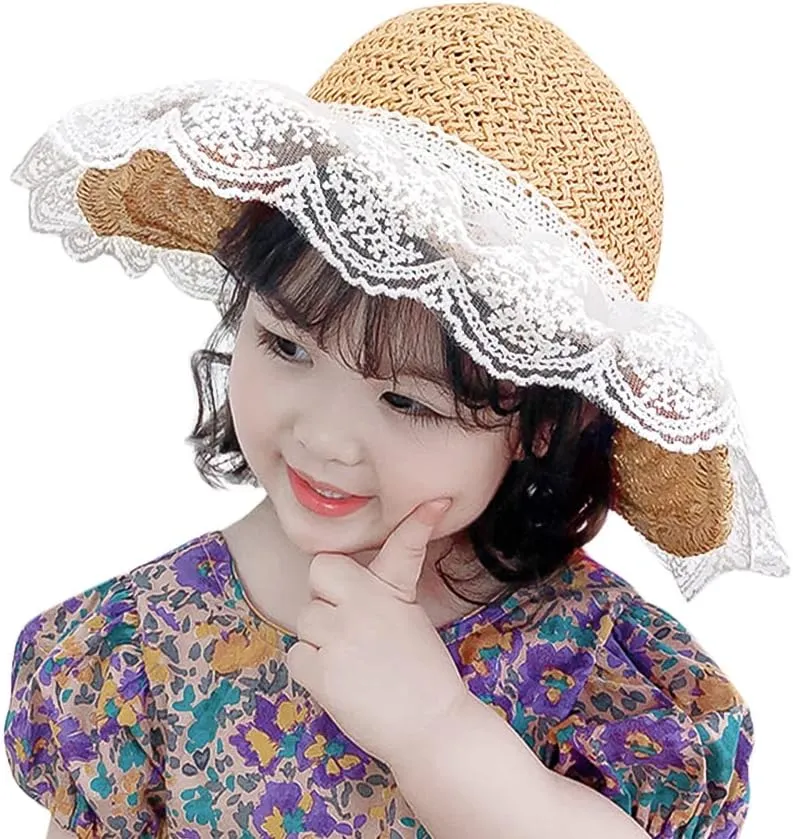 Summer Lace Straw Hats for Girls Wide Brim Floppy Beach Sun Visor Hat with lace Bowknot