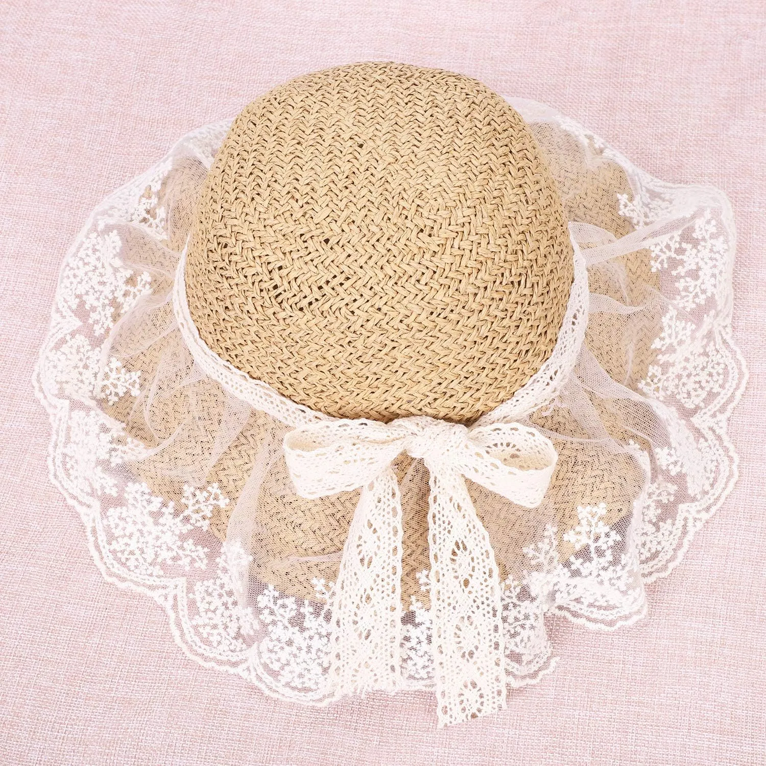 Summer Lace Straw Hats for Girls Wide Brim Floppy Beach Sun Visor Hat with lace Bowknot