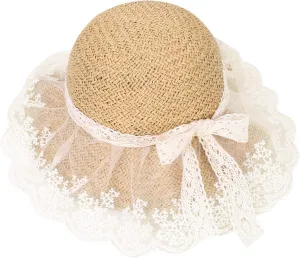 Summer Lace Straw Hats for Girls Wide Brim Floppy Beach Sun Visor Hat with lace Bowknot
