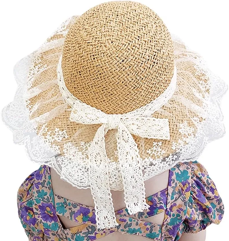 Summer Lace Straw Hats for Girls Wide Brim Floppy Beach Sun Visor Hat with lace Bowknot