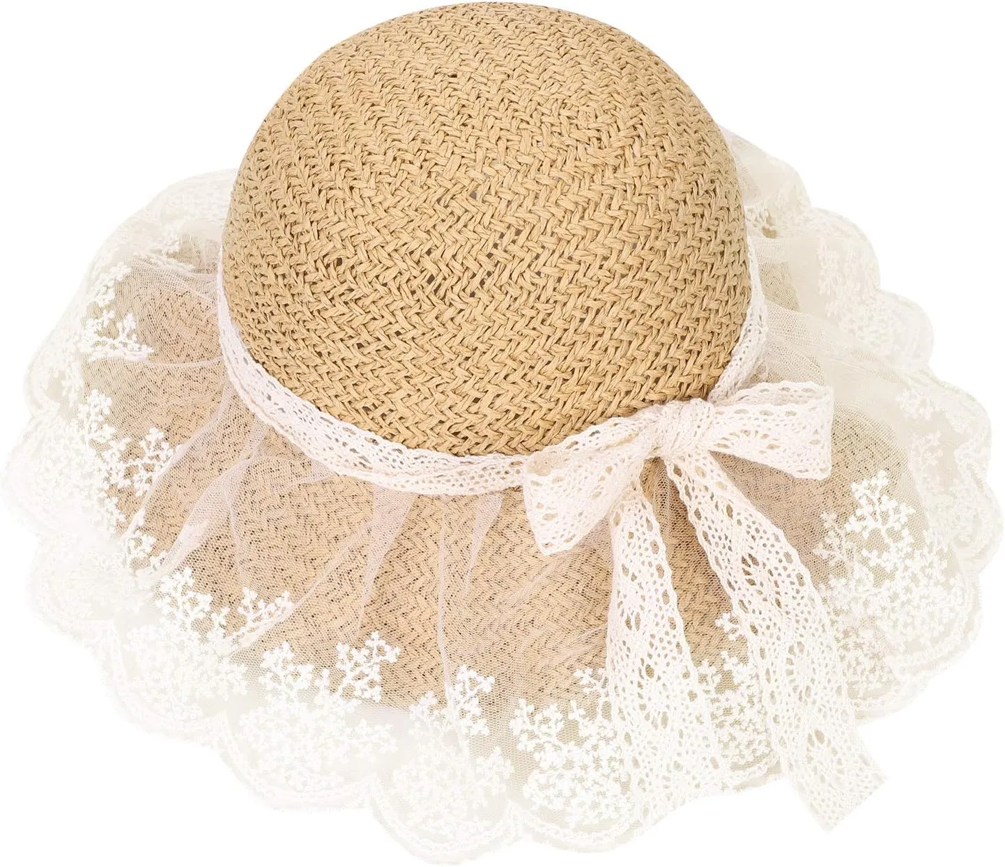 Summer Lace Straw Hats for Girls Wide Brim Floppy Beach Sun Visor Hat with lace Bowknot