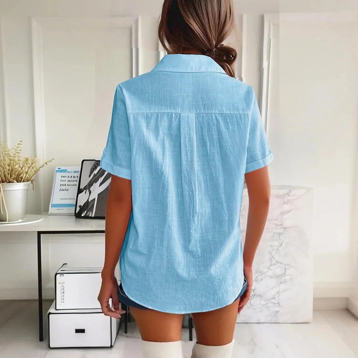 Summer Shirts for Women V Neck Short Sleeve Casual Loose Tees Lapel Button Down Tops 2025 Trending Now
