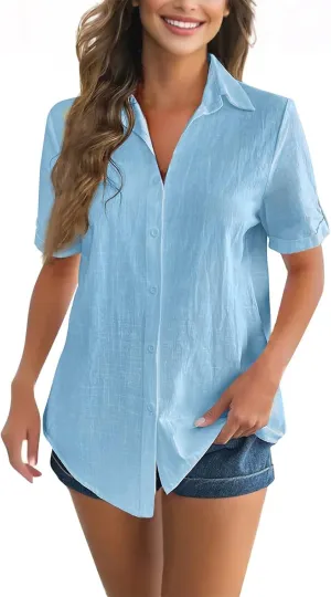 Summer Shirts for Women V Neck Short Sleeve Casual Loose Tees Lapel Button Down Tops 2025 Trending Now