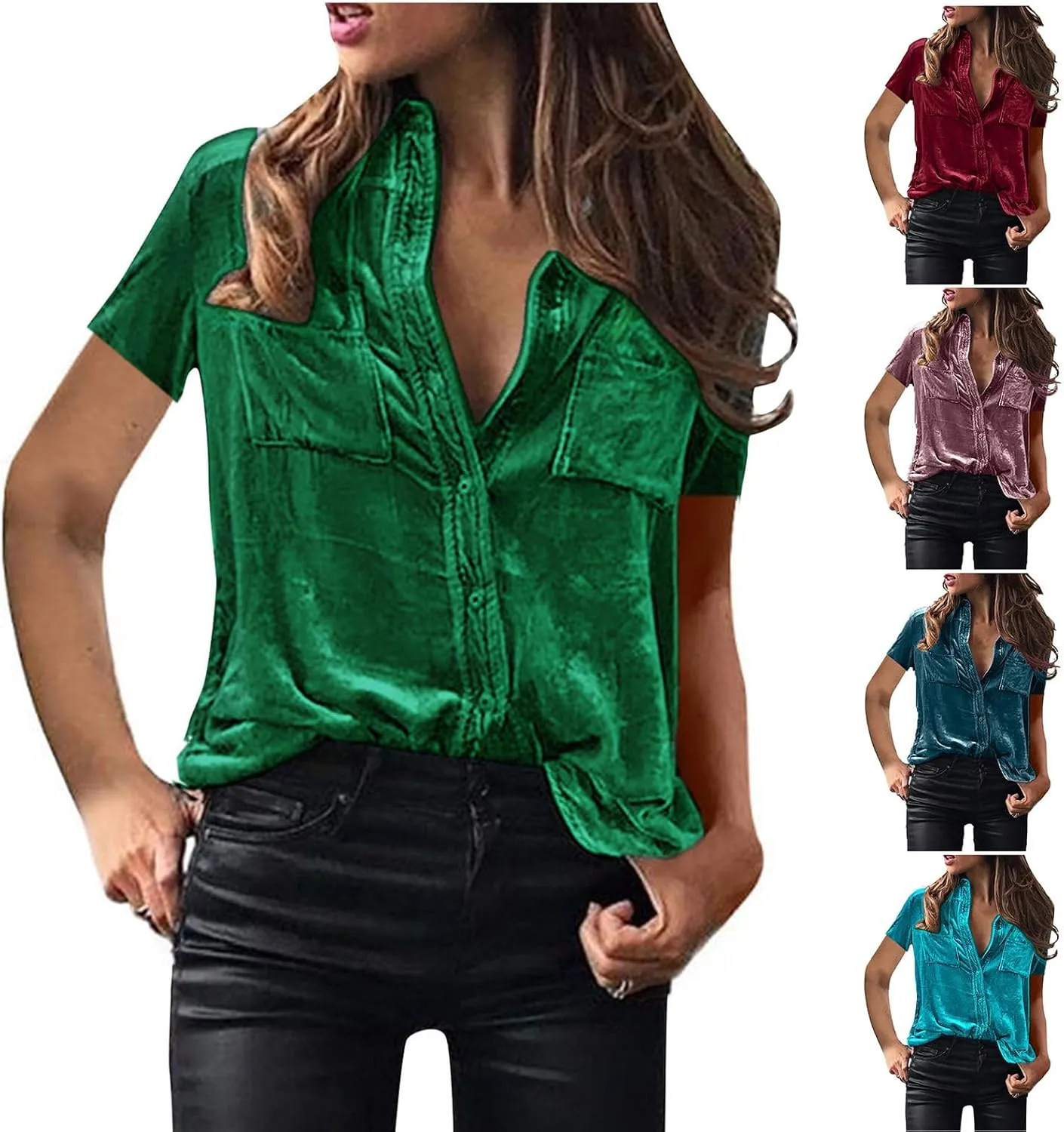 Summer Tops for Women Fashion Short Sleeve V Neck Tops Casual Button Down Shirts Trendy Lightweight Loose Fit Top