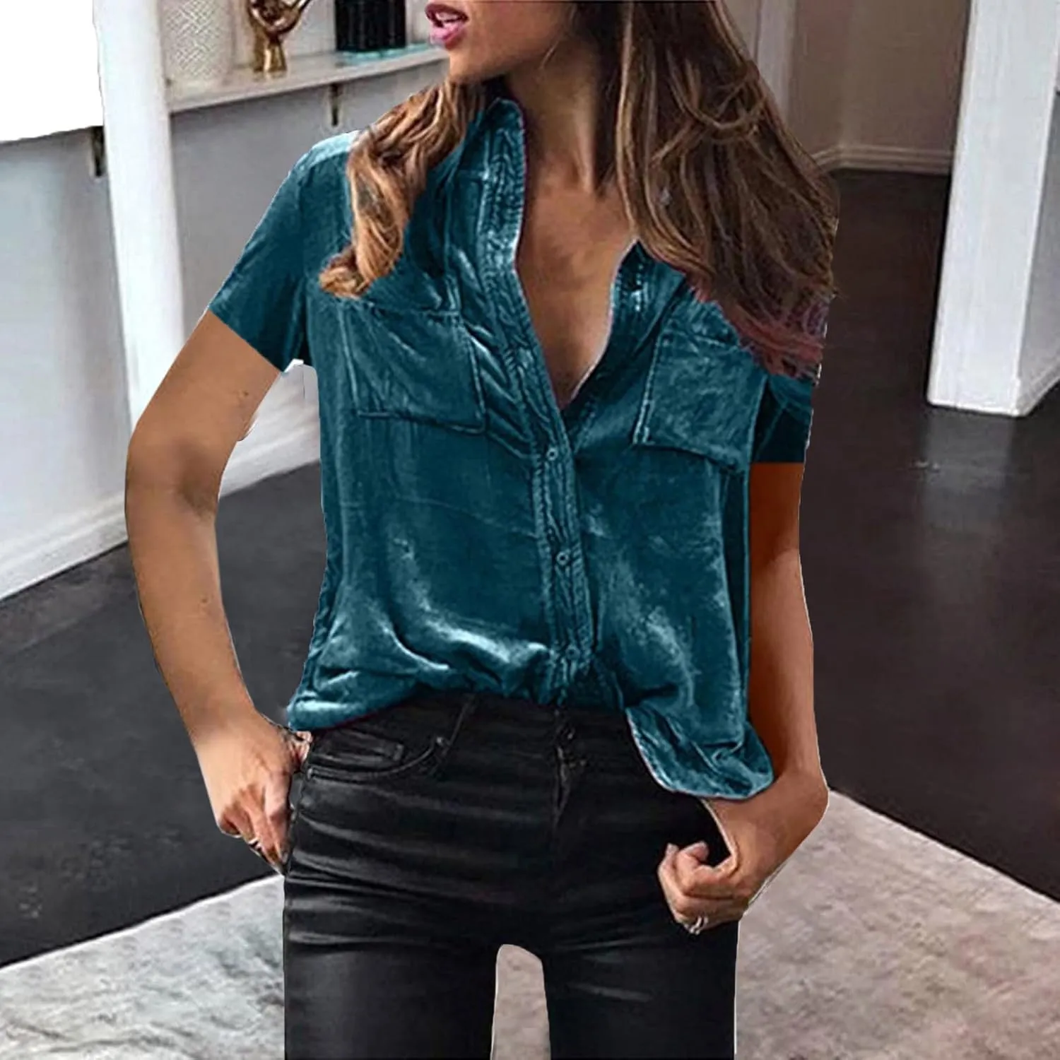 Summer Tops for Women Fashion Short Sleeve V Neck Tops Casual Button Down Shirts Trendy Lightweight Loose Fit Top