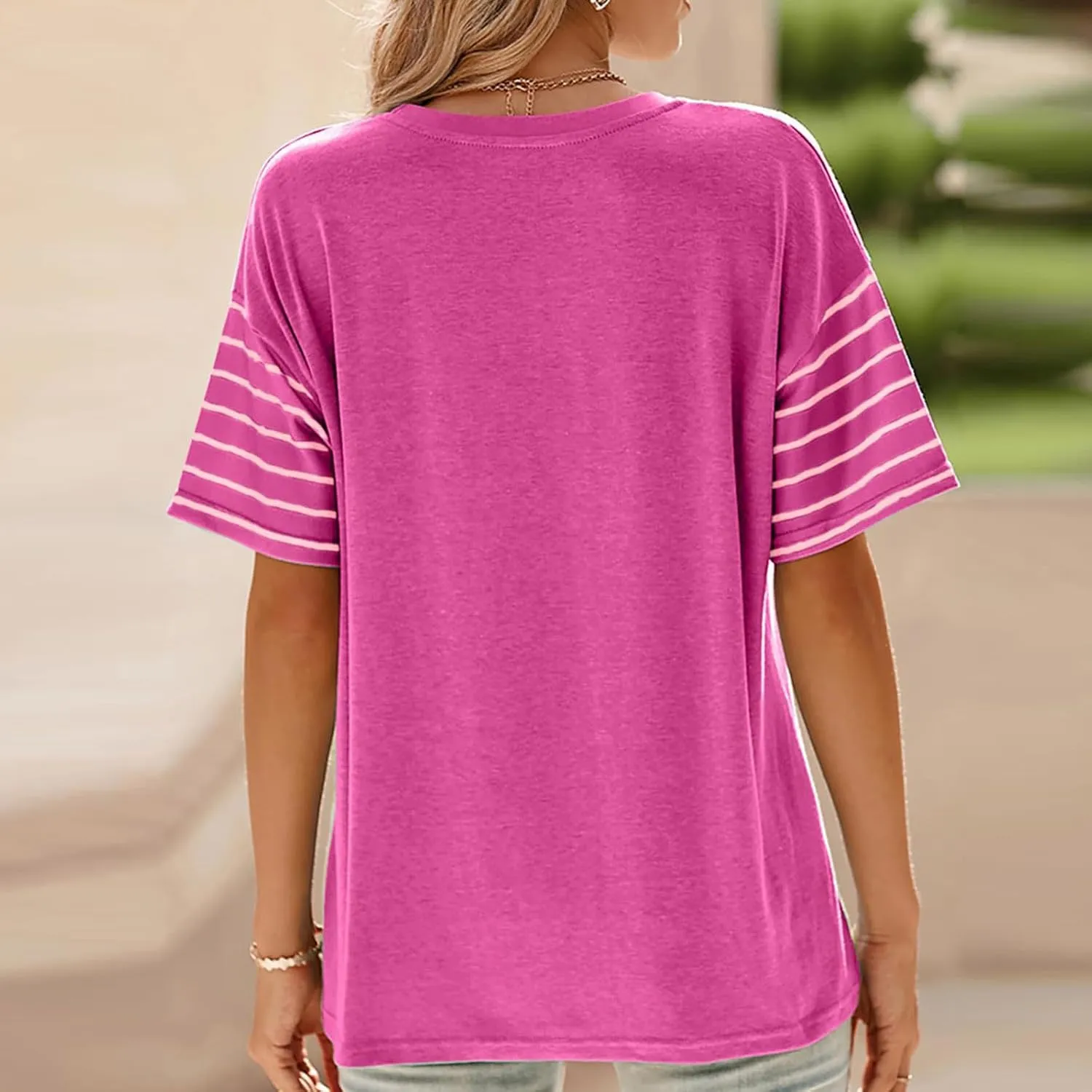 Summer Tops for Women Trendy Oversized 2025 Crew Neck Casual Color Block Striped Shirts Loose Split Hem Tee Blouses