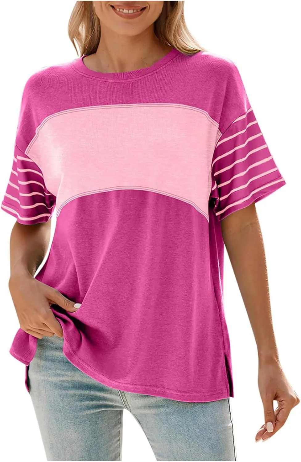 Summer Tops for Women Trendy Oversized 2025 Crew Neck Casual Color Block Striped Shirts Loose Split Hem Tee Blouses