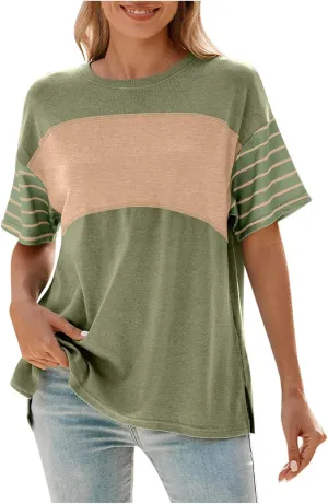 Summer Tops for Women Trendy Oversized 2025 Crew Neck Casual Color Block Striped Shirts Loose Split Hem Tee Blouses