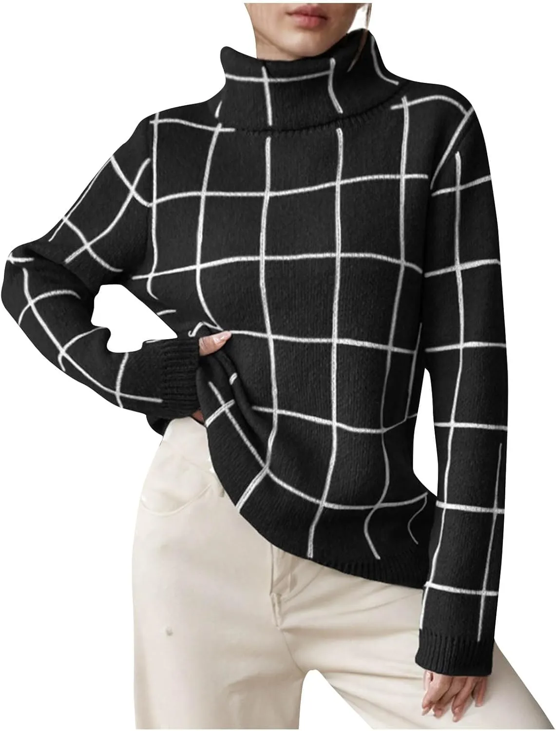 Sweaters for Women Trendy Oversized Turtleneck Plaid Fuzzy Pullover Tops Winter Long Sleeve Fuzzy Thermal Clothes