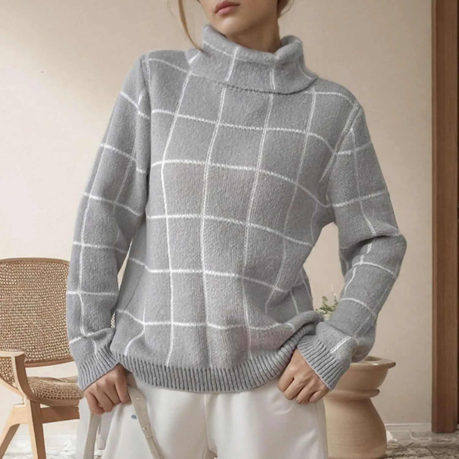 Sweaters for Women Trendy Oversized Turtleneck Plaid Fuzzy Pullover Tops Winter Long Sleeve Fuzzy Thermal Clothes