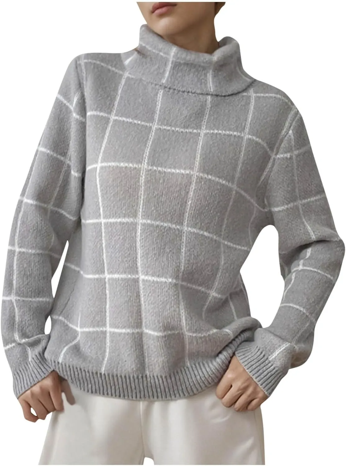 Sweaters for Women Trendy Oversized Turtleneck Plaid Fuzzy Pullover Tops Winter Long Sleeve Fuzzy Thermal Clothes