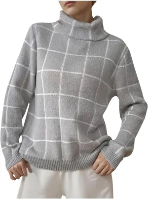 Sweaters for Women Trendy Oversized Turtleneck Plaid Fuzzy Pullover Tops Winter Long Sleeve Fuzzy Thermal Clothes