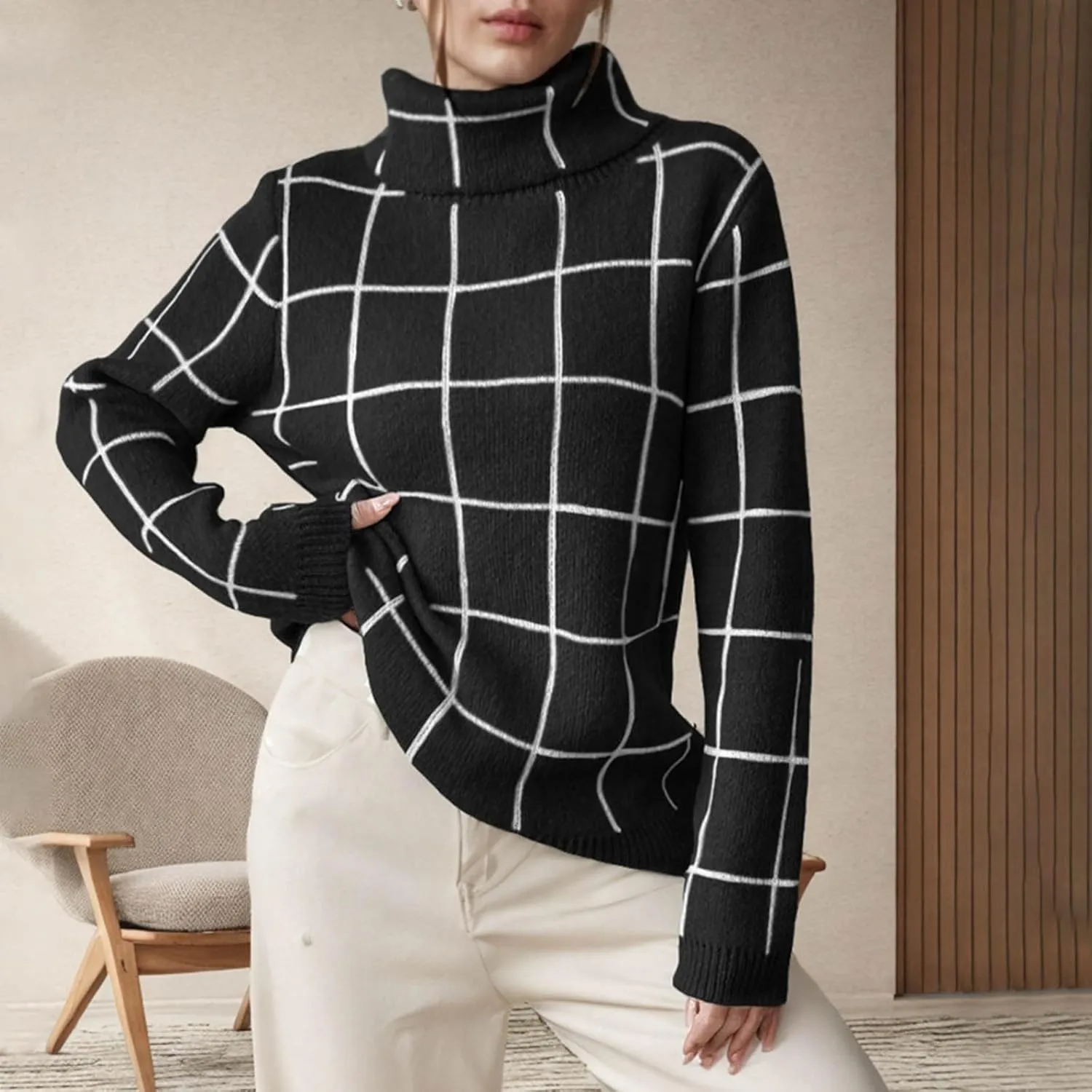 Sweaters for Women Trendy Oversized Turtleneck Plaid Fuzzy Pullover Tops Winter Long Sleeve Fuzzy Thermal Clothes