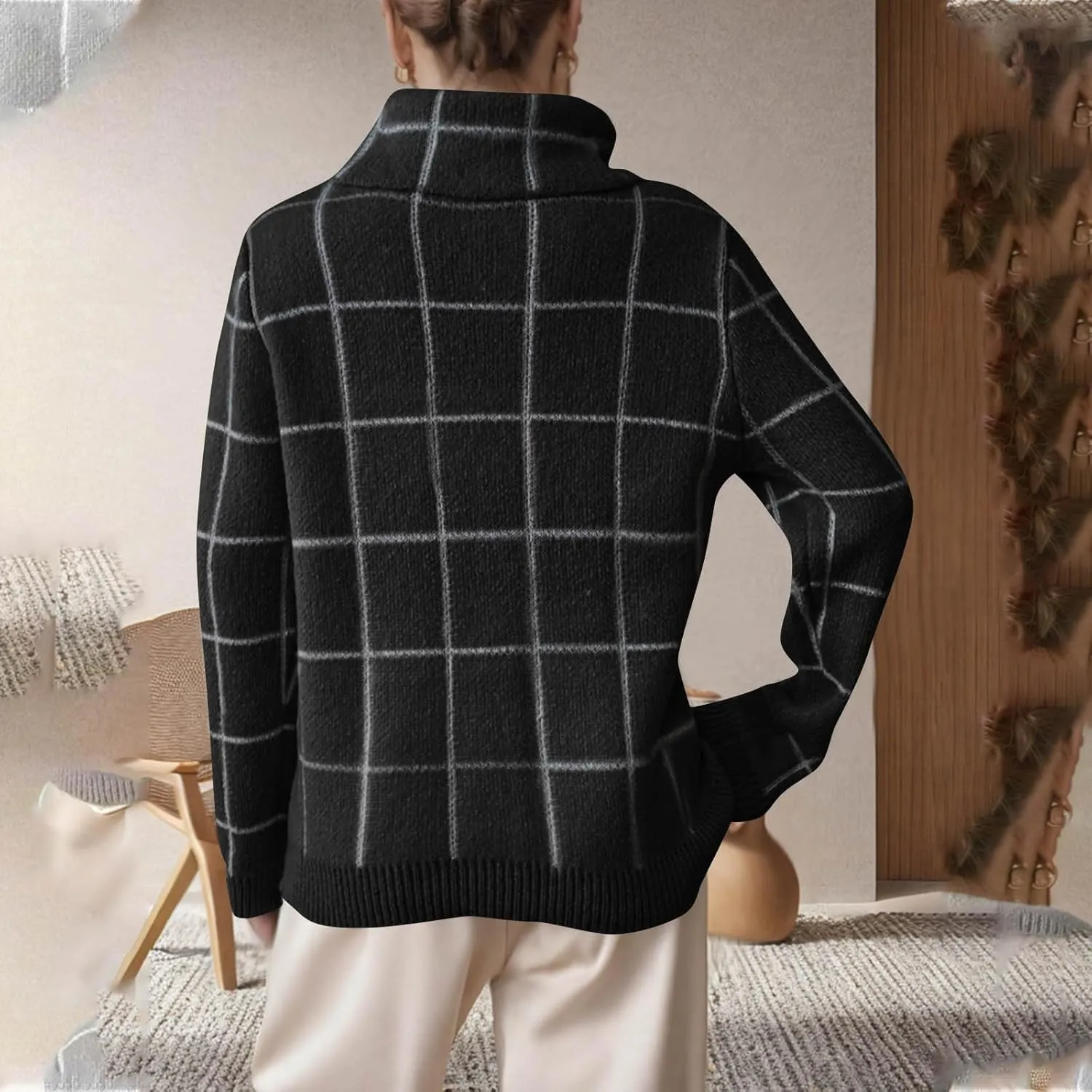 Sweaters for Women Trendy Oversized Turtleneck Plaid Fuzzy Pullover Tops Winter Long Sleeve Fuzzy Thermal Clothes