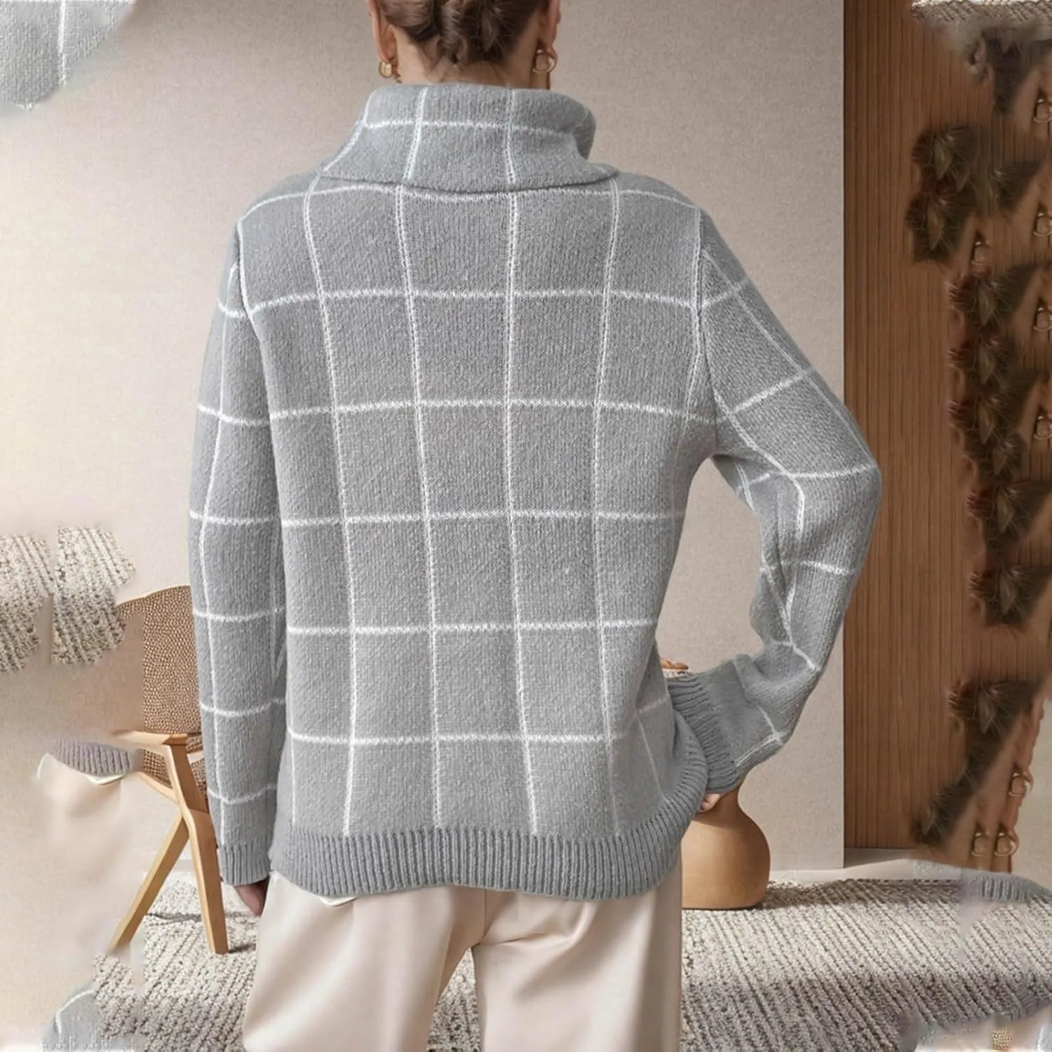 Sweaters for Women Trendy Oversized Turtleneck Plaid Fuzzy Pullover Tops Winter Long Sleeve Fuzzy Thermal Clothes