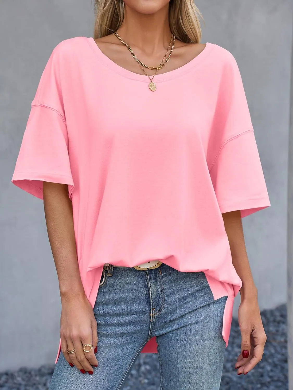 Tankaneo Womens Oversized Scoop Neck Tshirts Summer Casual Short Sleeve Tops Side Slit Loose Fit Basic Tee Shirts