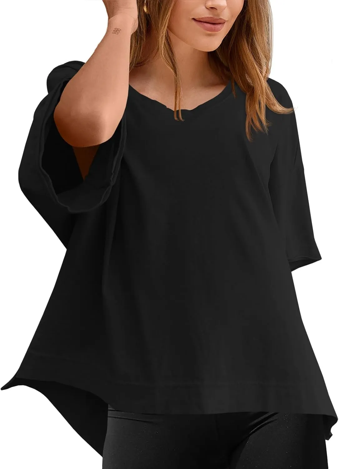 Tankaneo Womens Oversized Scoop Neck Tshirts Summer Casual Short Sleeve Tops Side Slit Loose Fit Basic Tee Shirts
