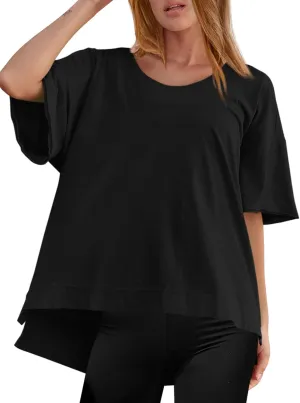 Tankaneo Womens Oversized Scoop Neck Tshirts Summer Casual Short Sleeve Tops Side Slit Loose Fit Basic Tee Shirts