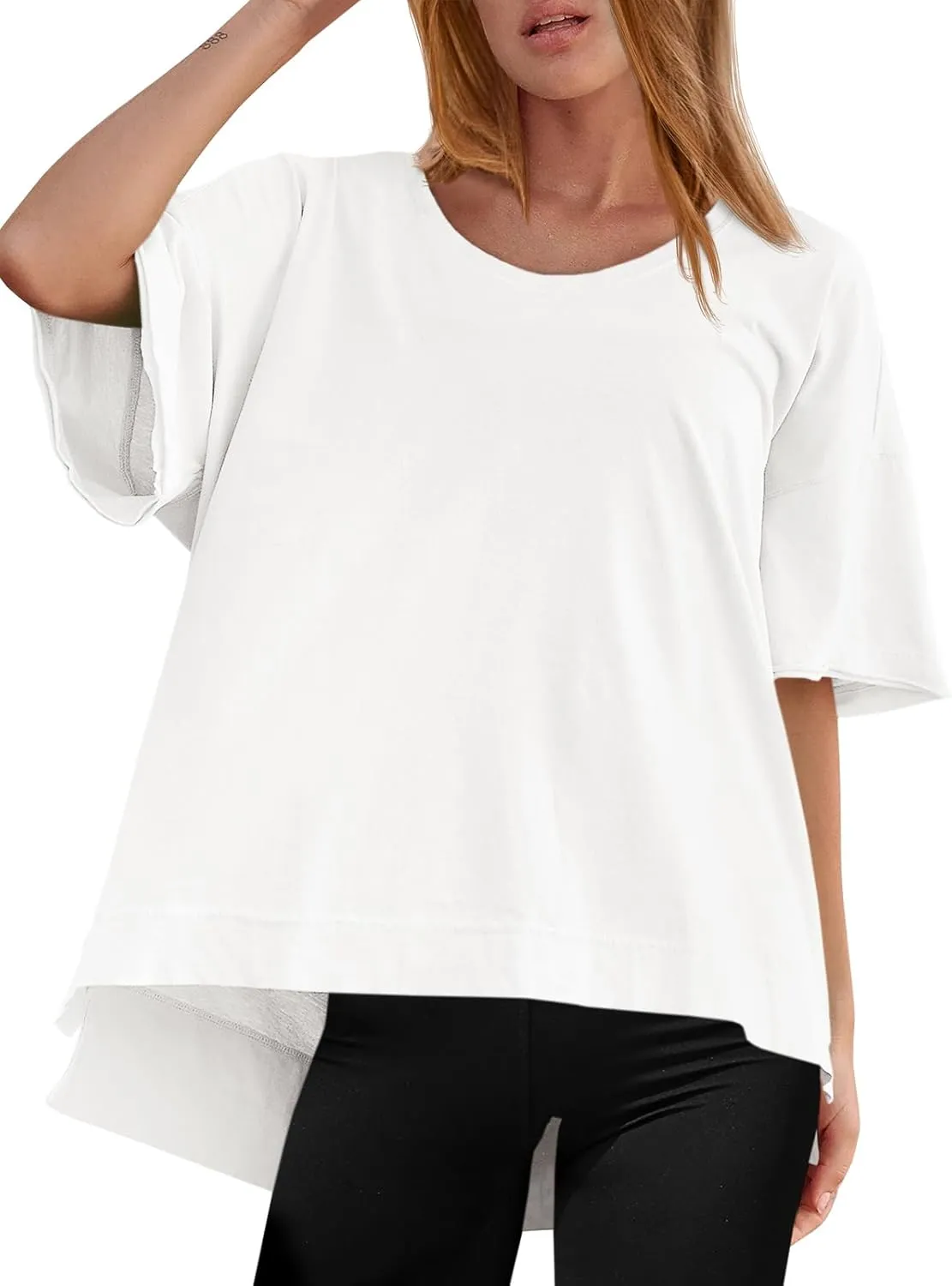 Tankaneo Womens Oversized Scoop Neck Tshirts Summer Casual Short Sleeve Tops Side Slit Loose Fit Basic Tee Shirts