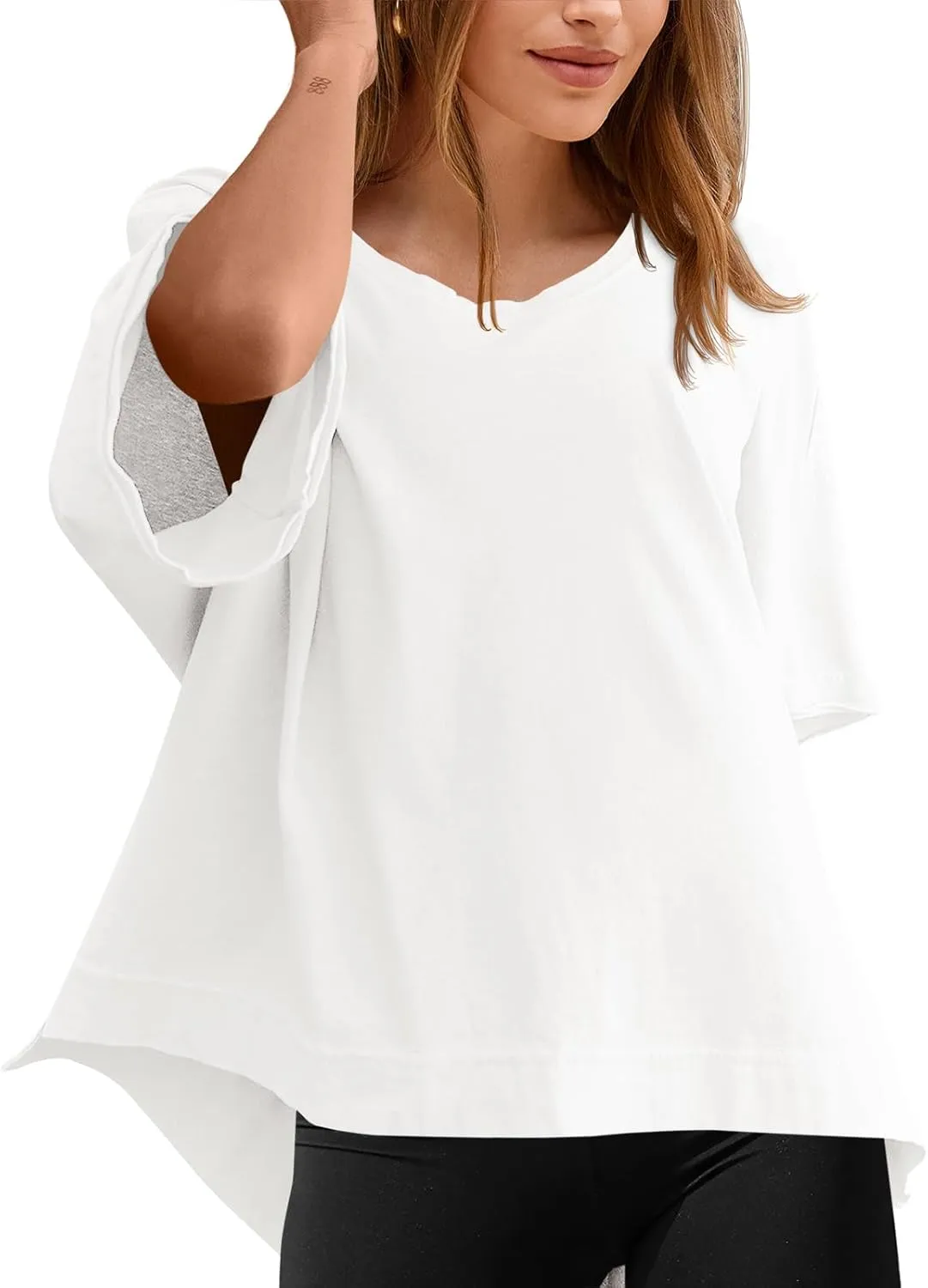 Tankaneo Womens Oversized Scoop Neck Tshirts Summer Casual Short Sleeve Tops Side Slit Loose Fit Basic Tee Shirts