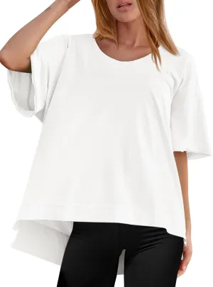 Tankaneo Womens Oversized Scoop Neck Tshirts Summer Casual Short Sleeve Tops Side Slit Loose Fit Basic Tee Shirts