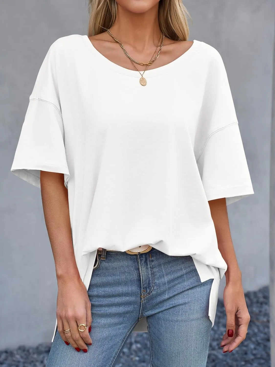 Tankaneo Womens Oversized Scoop Neck Tshirts Summer Casual Short Sleeve Tops Side Slit Loose Fit Basic Tee Shirts