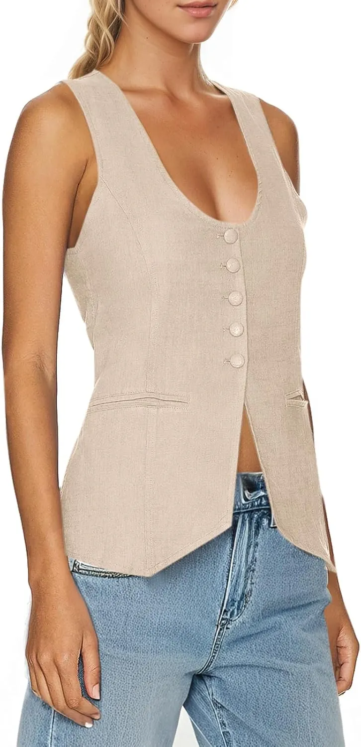 Tankaneo Womens Scoop Neck Blazer Vest Summer Linen Sleeveless Fitted Waistcoat Work Casual Cotton Suit Tops