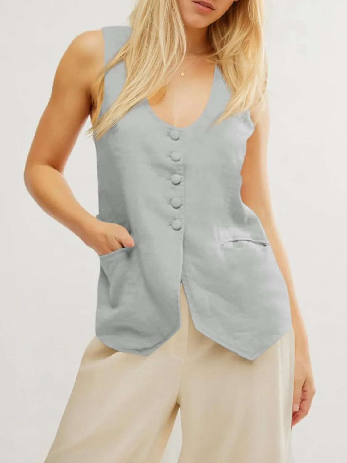 Tankaneo Womens Scoop Neck Blazer Vest Summer Linen Sleeveless Fitted Waistcoat Work Casual Cotton Suit Tops