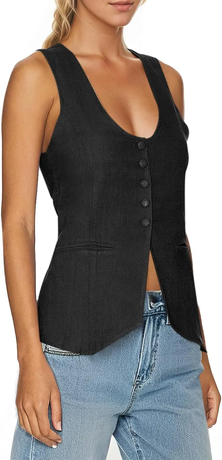 Tankaneo Womens Scoop Neck Blazer Vest Summer Linen Sleeveless Fitted Waistcoat Work Casual Cotton Suit Tops