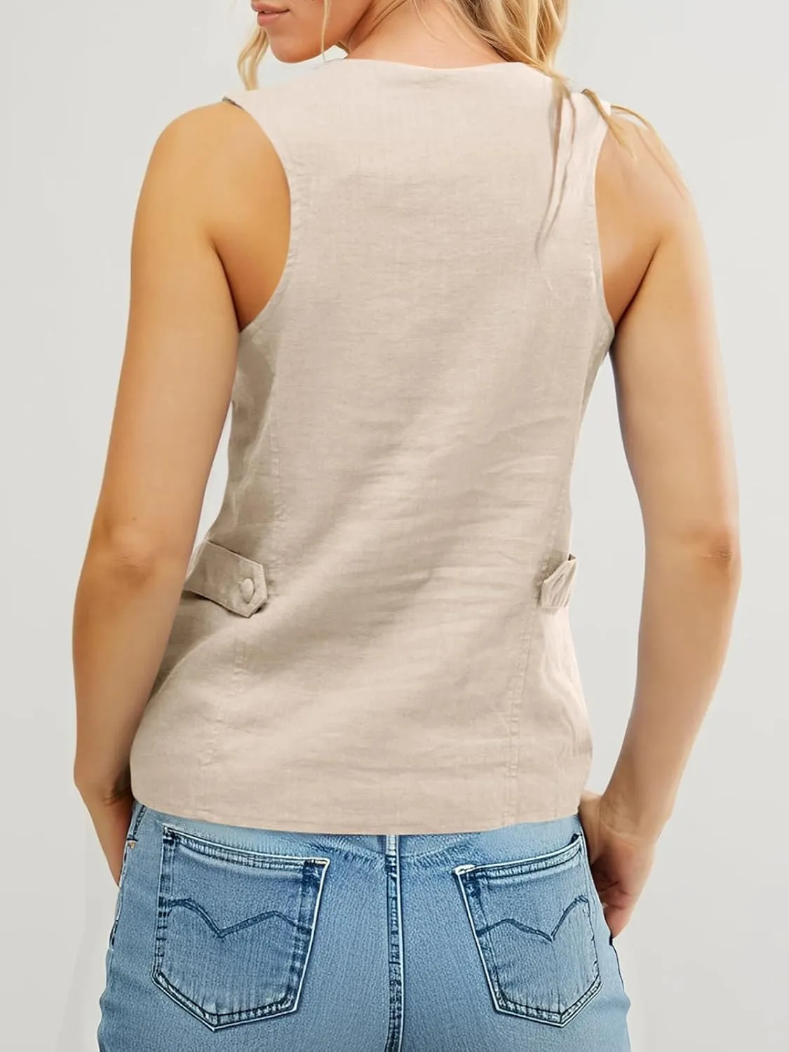 Tankaneo Womens Scoop Neck Blazer Vest Summer Linen Sleeveless Fitted Waistcoat Work Casual Cotton Suit Tops