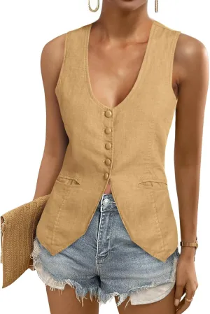 Tankaneo Womens Scoop Neck Blazer Vest Summer Linen Sleeveless Fitted Waistcoat Work Casual Cotton Suit Tops