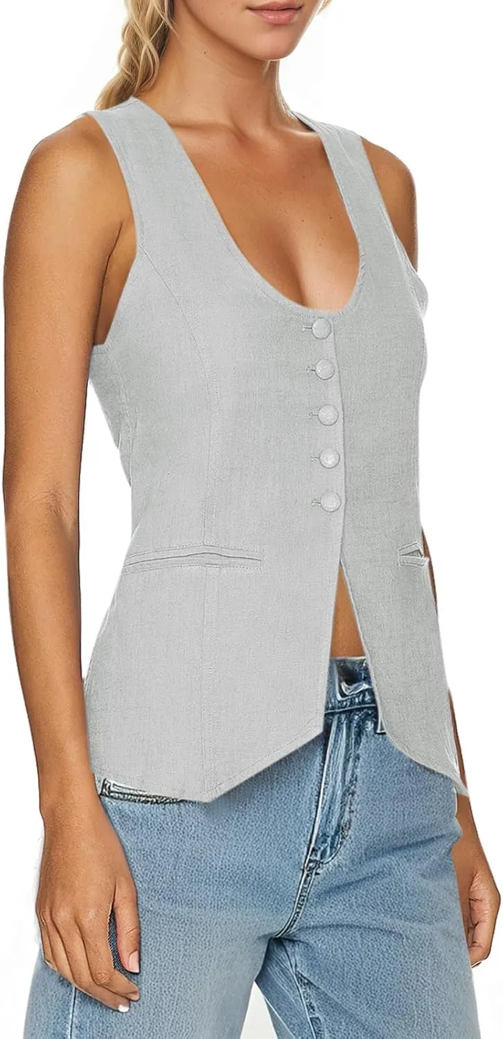 Tankaneo Womens Scoop Neck Blazer Vest Summer Linen Sleeveless Fitted Waistcoat Work Casual Cotton Suit Tops